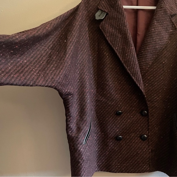 Vintage BHS Wool Burgundy Double-Breasted Cape Coat w Leather Trim Size 18 - Picture 7 of 15